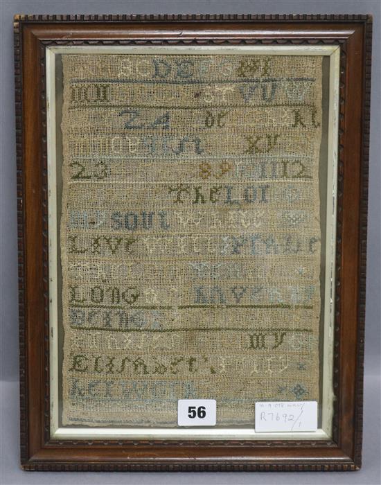 A late 18th century sampler dated 1772 worked by Elizabeth Berry 31 x 21cm